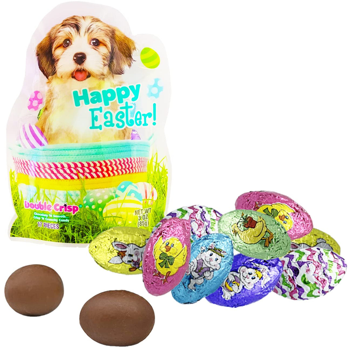 Fruidles Easter Puppy Double Crisp Eggs, Happy Easter Day Eggs, Party Bag Fillers, Individually Wrapped Foils, Kosher Certified (6-Pack Variety)