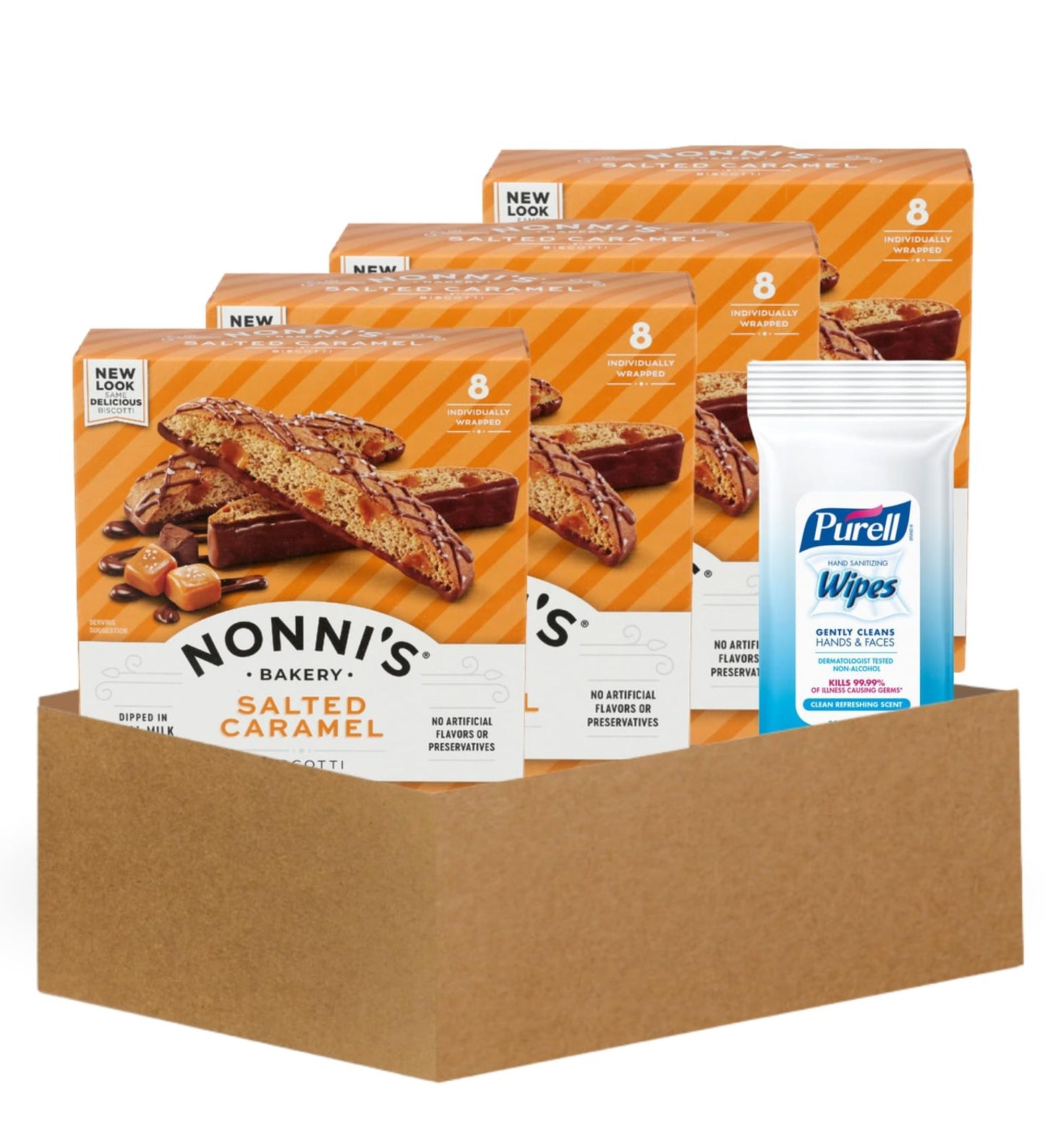 4x Nonnis Biscotti Salted Caramel 6.72 OZ Bundle with Hand Sanitizing Wipes - Crunchy Italian Biscotti with Caramel Flavor Plus Convenient Wipes