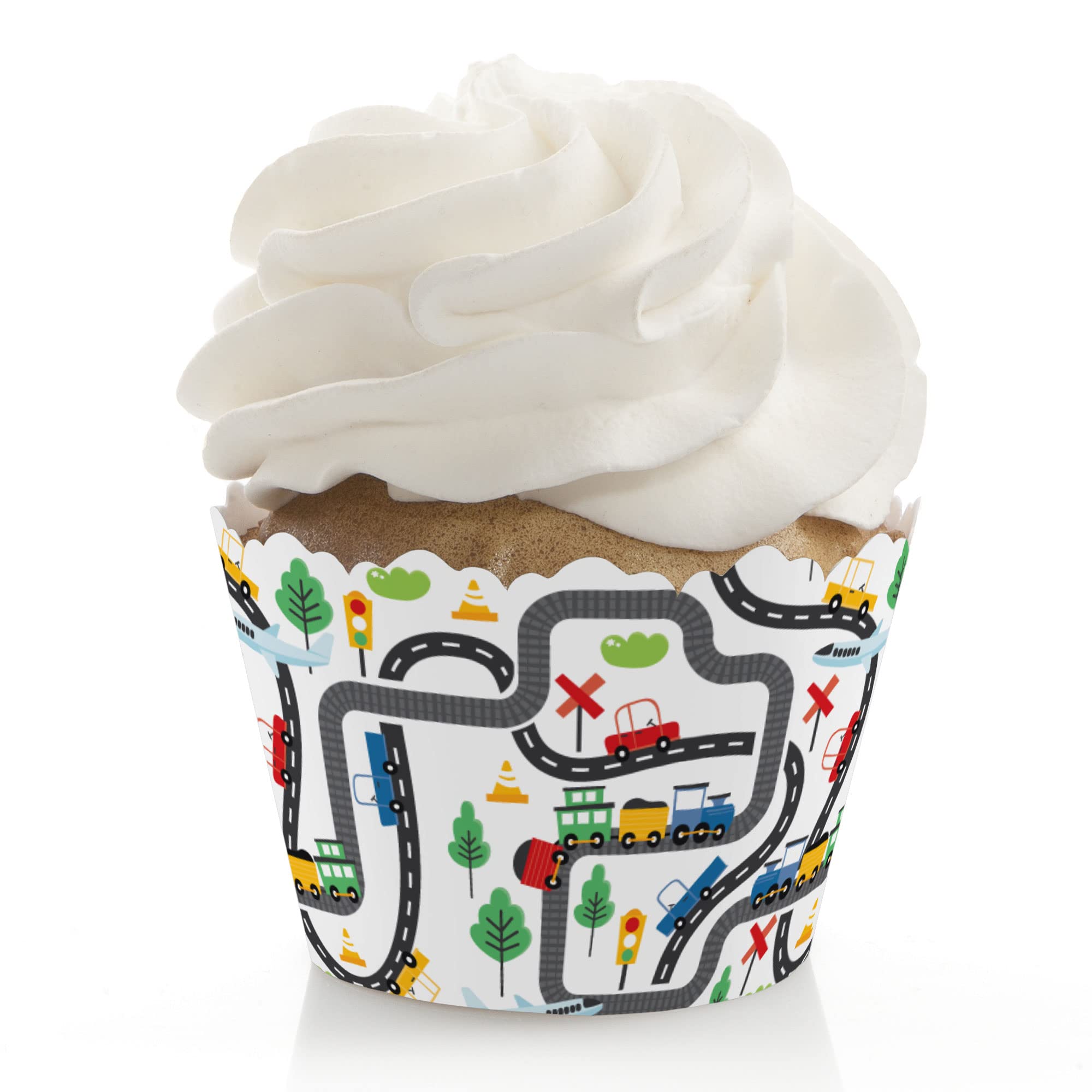 Big Dot of Happiness Cars, Trains, and Airplanes - Transportation Birthday Party Decorations - Party Cupcake Wrappers - Set of 12