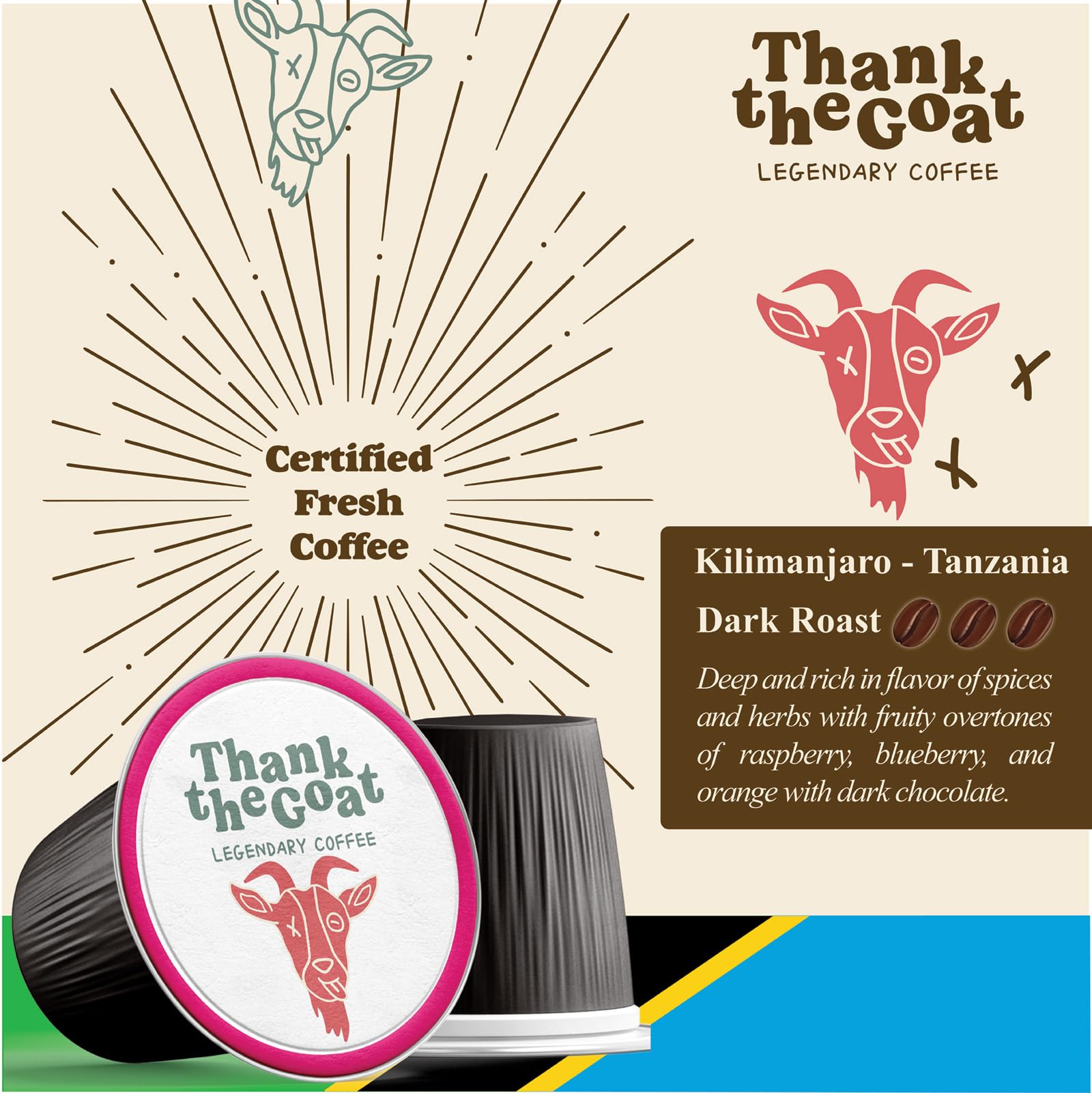 Thank the Goat Gourmet Made to Order Coffee Pods, Freshly Roasted, Dark Roast Compatible with Keurig 2.0 K-Cup Brewers, From Kilimanjaro, Tanzania, 24