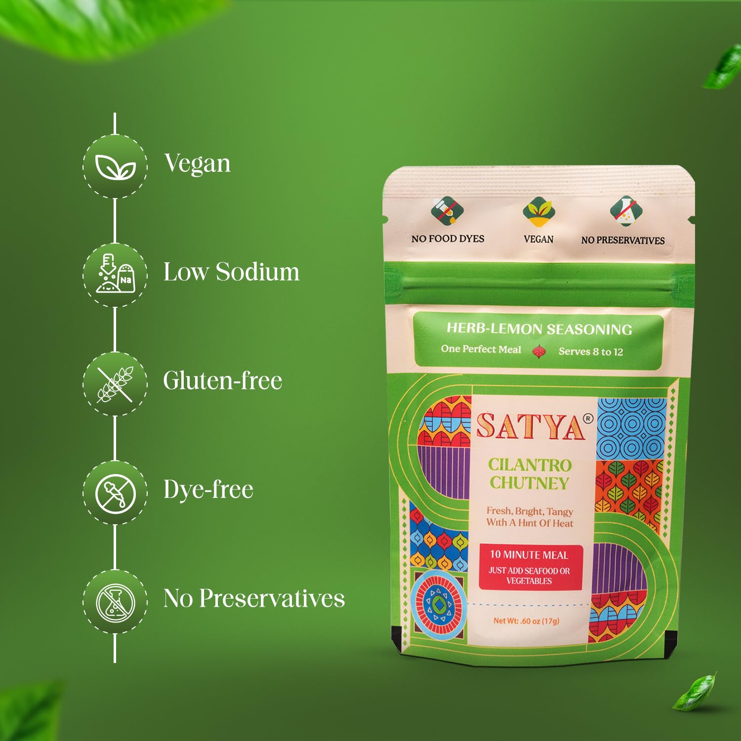 Satya Cilantro Chutney Powder Herb & Lemon Indian Seasoning Mix 5 Fresh Sachets x 17g Zesty Dry Chutney Powder for Vegetables, Seafood & Snacks Vegan