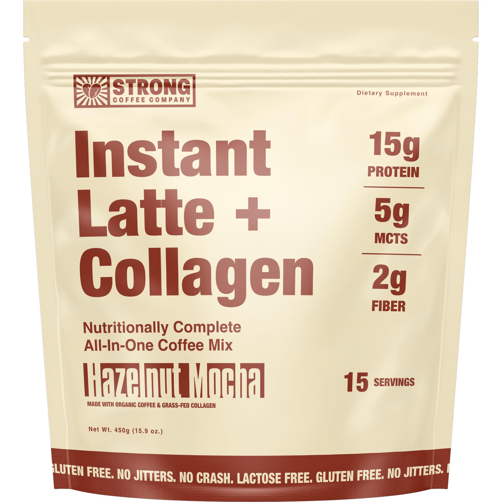 STRONG Coffee Co. Hazelnut Instant Latte | Organic Coffee with Collagen Protein | Lion’s Mane & L-Theanine | Adaptogens & Nootropics | 15 Servings