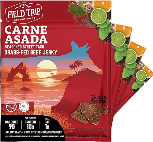 Field Trip Grass Fed Beef Jerky, Healthy Gluten Free Snacks, All Natural, High Protein, Low Carb Snack with No Nitrates, 2.2oz, 4 Pack, Carne Asada