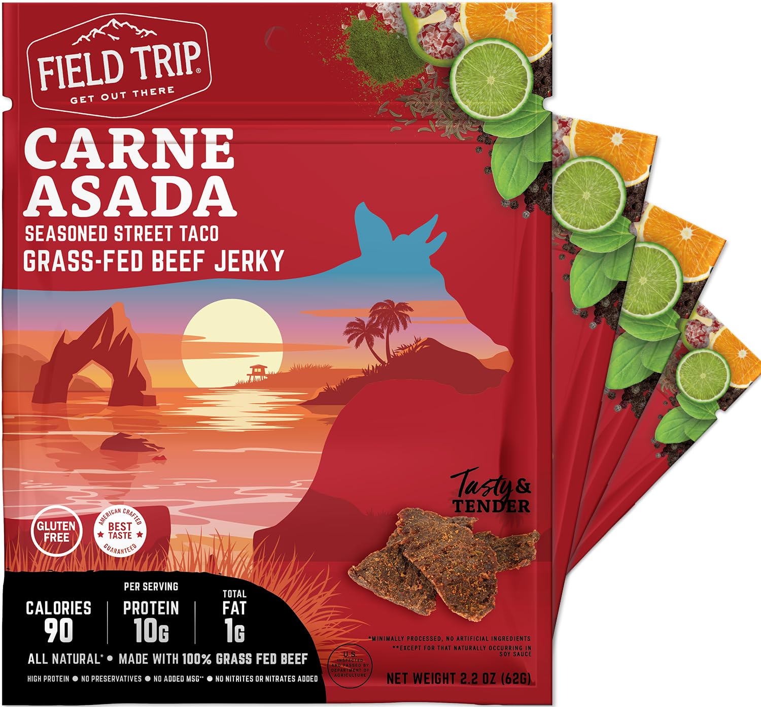 Field Trip Grass Fed Beef Jerky, Healthy Gluten Free Snacks, All Natural, High Protein, Low Carb Snack with No Nitrates, 2.2oz, 4 Pack, Carne Asada