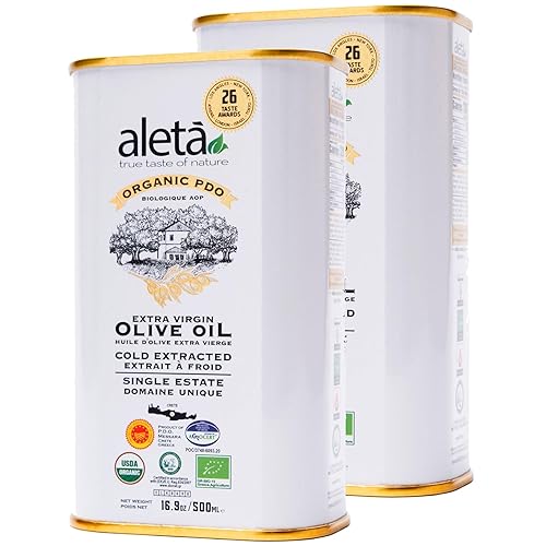 Aleta Farms Organic Olive Oil Extra Virgin, High Phenols, Single Estate PDO, Cold Press, Global Gold Awards, EVOO, Kosher. 16.9 Fl Oz (Pack of 2)