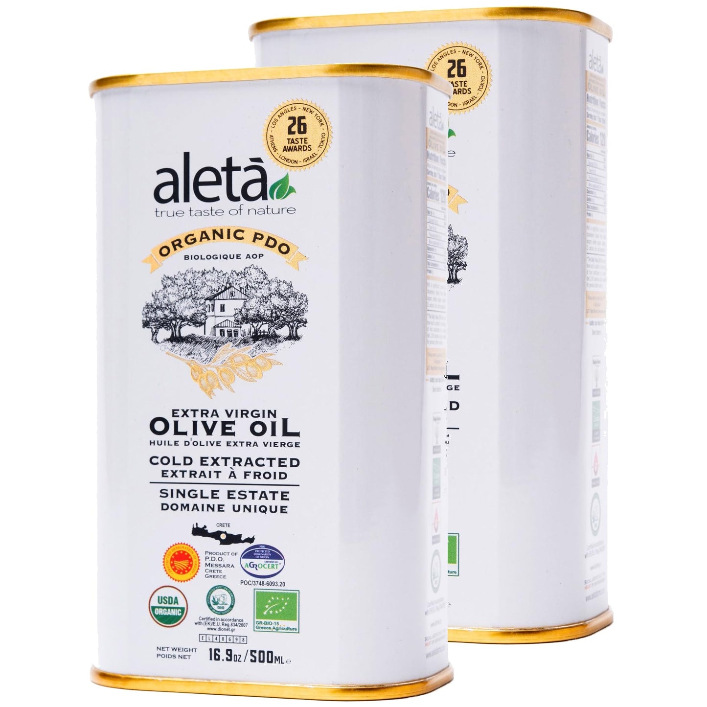 Aleta Farms Organic Olive Oil Extra Virgin, High Phenols, Single Estate PDO, Cold Press, Global Gold Awards, EVOO, Kosher. 16.9 Fl Oz (Pack of 2)