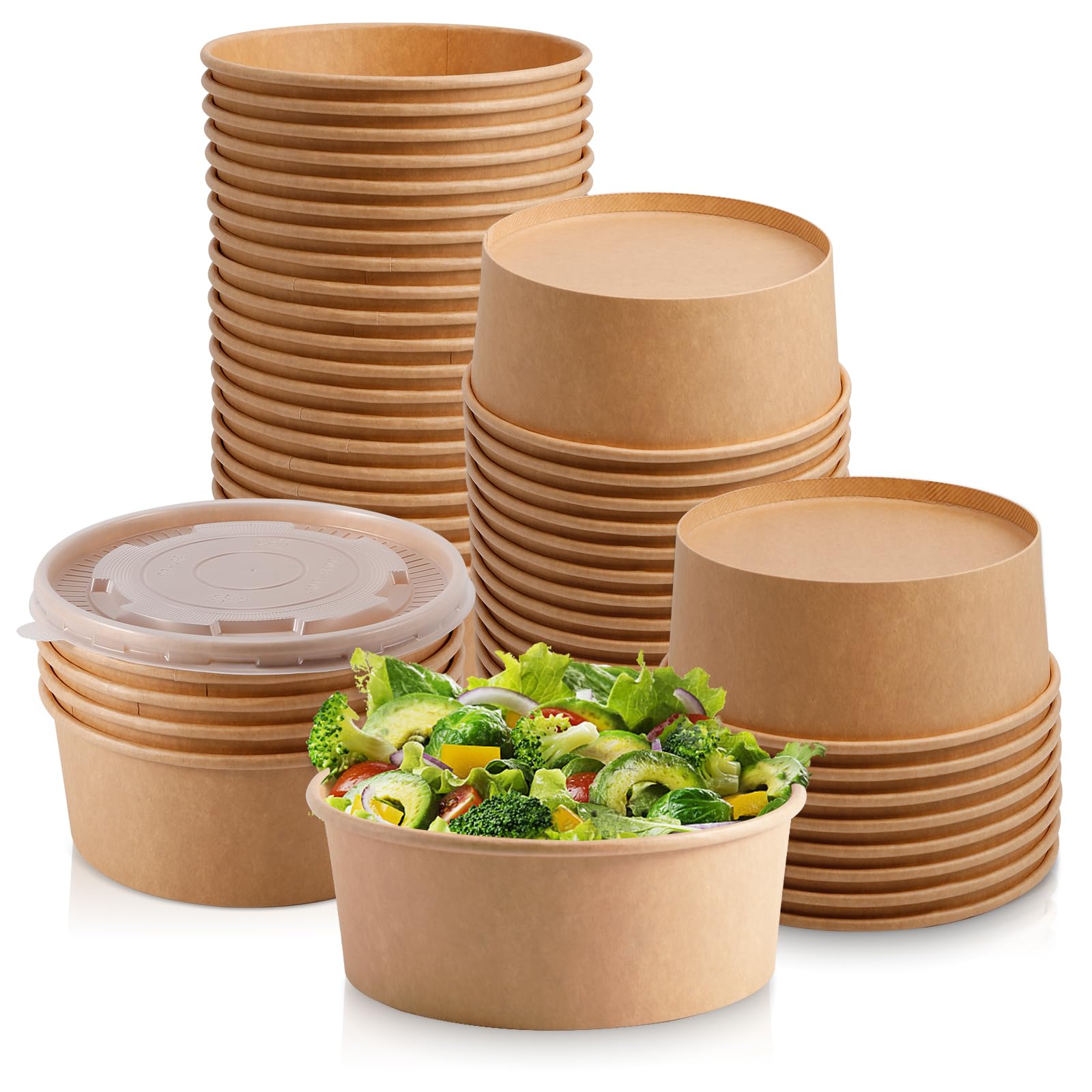 Bgtecho 50 Sets Large Kraft Paper Bowls with Lids (36oz) 50 pack Large Paper Bowls with Lids, 36 oz Kraft Paper Salad Bowls,Disposable Bowls