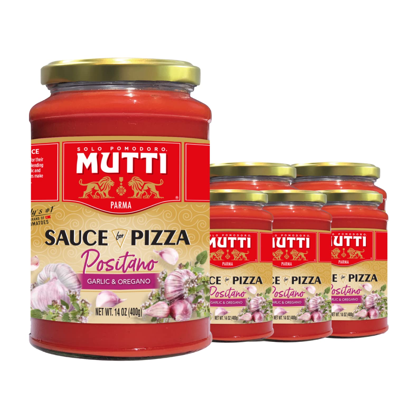 Mutti Positano Sauce for Pizza with Garlic & Oregano, 14 oz. | Italy’s #1 Brand of Tomatoes | Pack of 6 | Tomato Sauce for Pizza | Vegan Friendly
