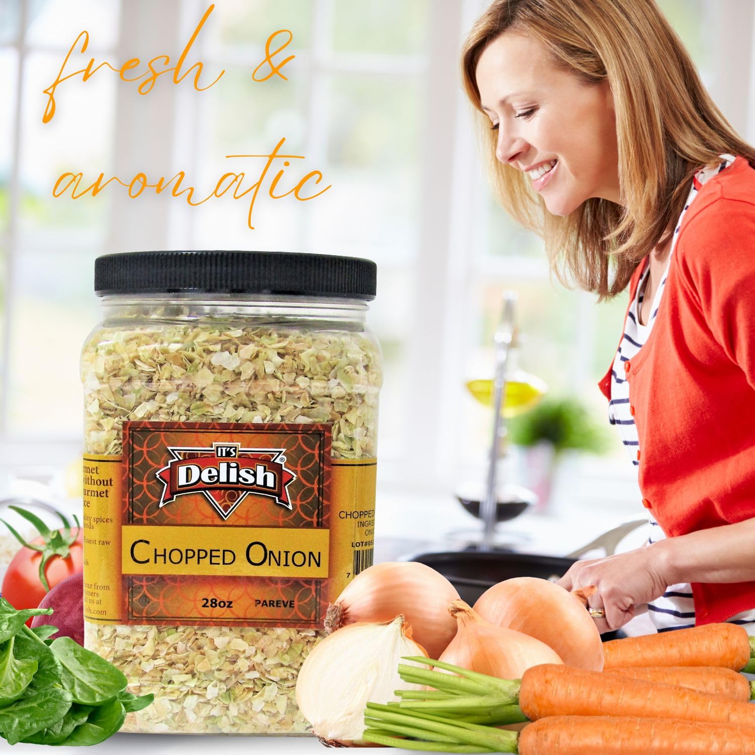 Dried Chopped Onion by It’s Delish, 28 Oz Jumbo Reusable Container - All Natural Dehydrated Onions Flakes | Delicious & Fresh Onion Taste - No