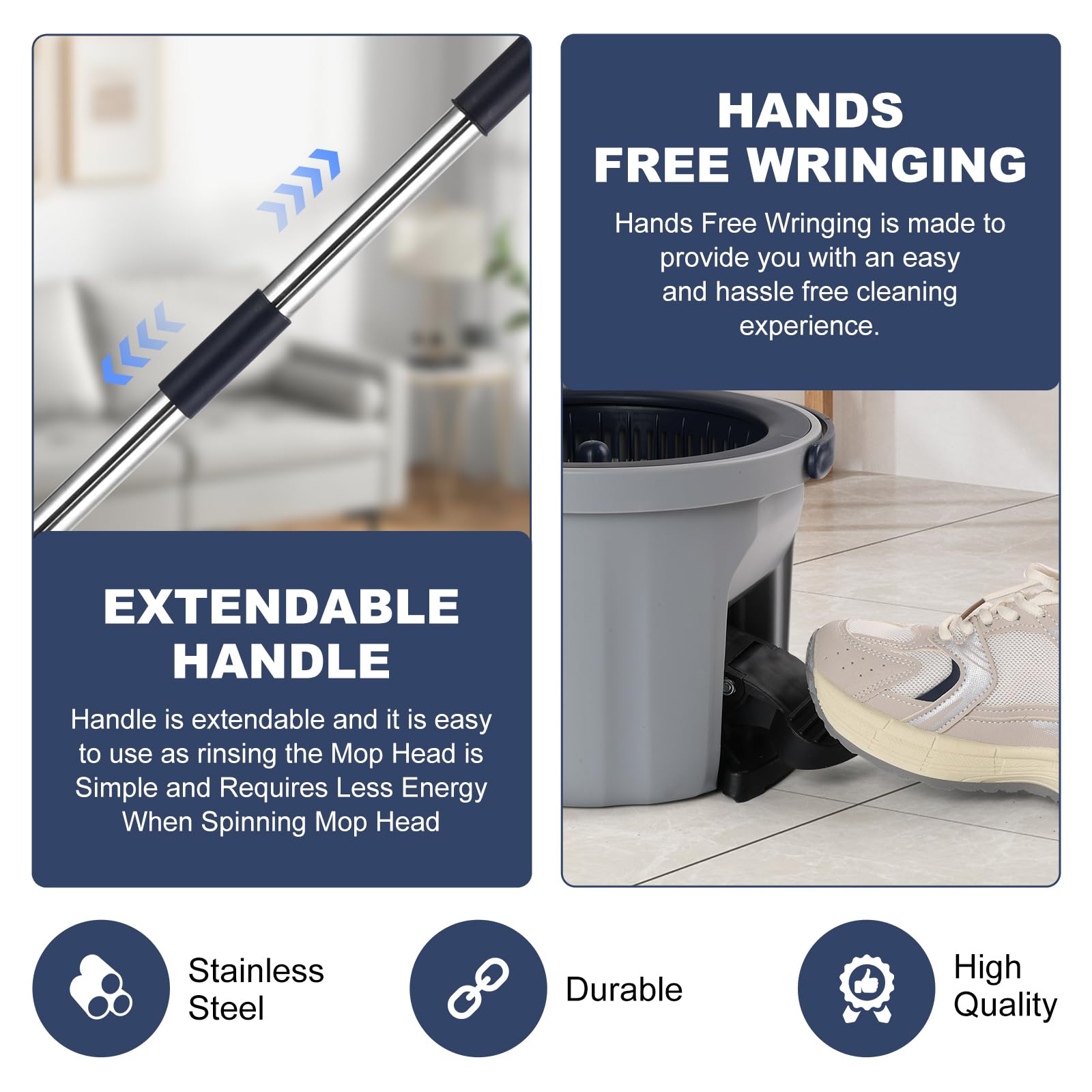 Spin Mop and Bucket System with180-Degree Rotating Head Telescopic Handle Dual Chamber Bucket Floor Cleaning Set with 3 Mop Refills Dual-Function