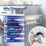 6 XL Wool Dryer Balls & Magnetic Dryer Ball Holder - Natural Fabric Softener, Reusable, Reduces Clothing Wrinkles and Saves Drying Time - Dryer Ball