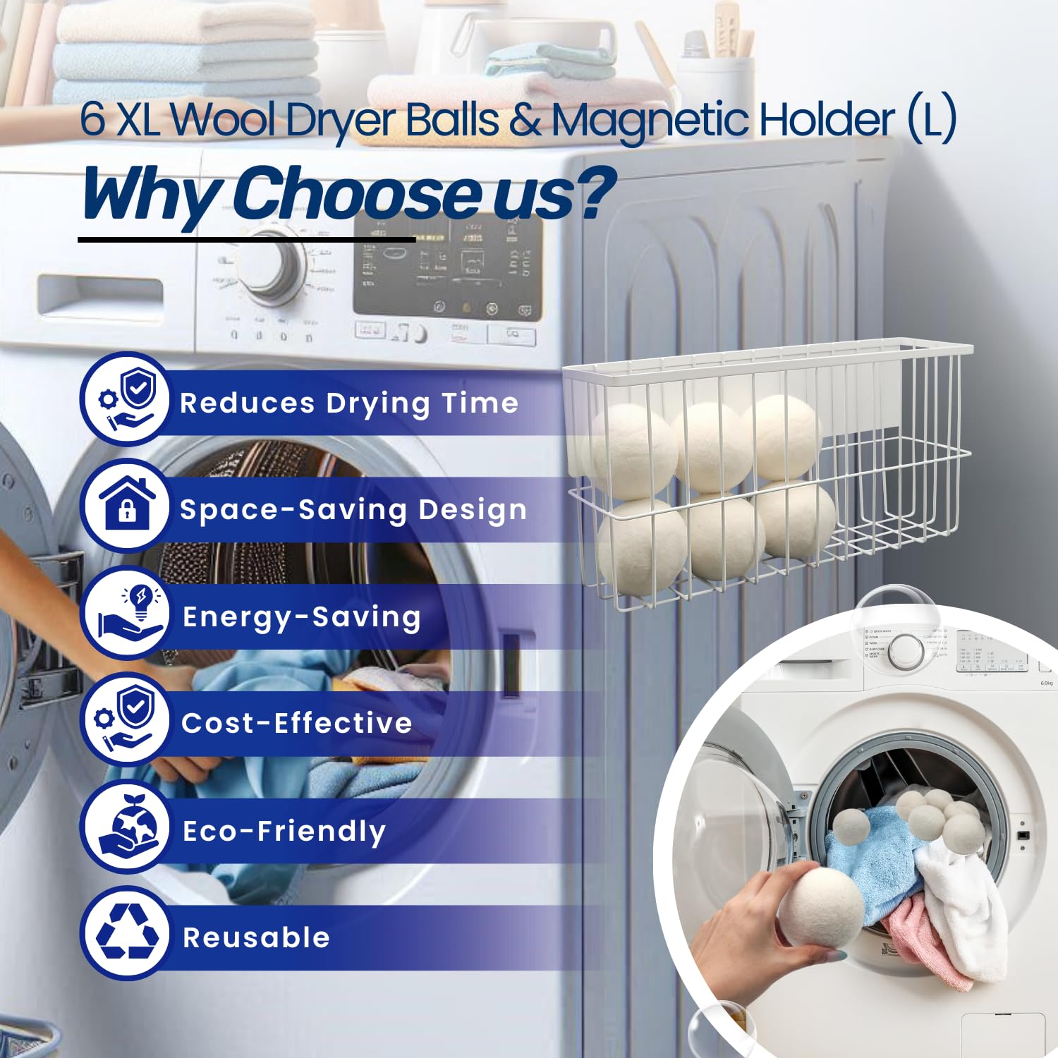 6 XL Wool Dryer Balls & Magnetic Dryer Ball Holder - Natural Fabric Softener, Reusable, Reduces Clothing Wrinkles and Saves Drying Time - Dryer Ball