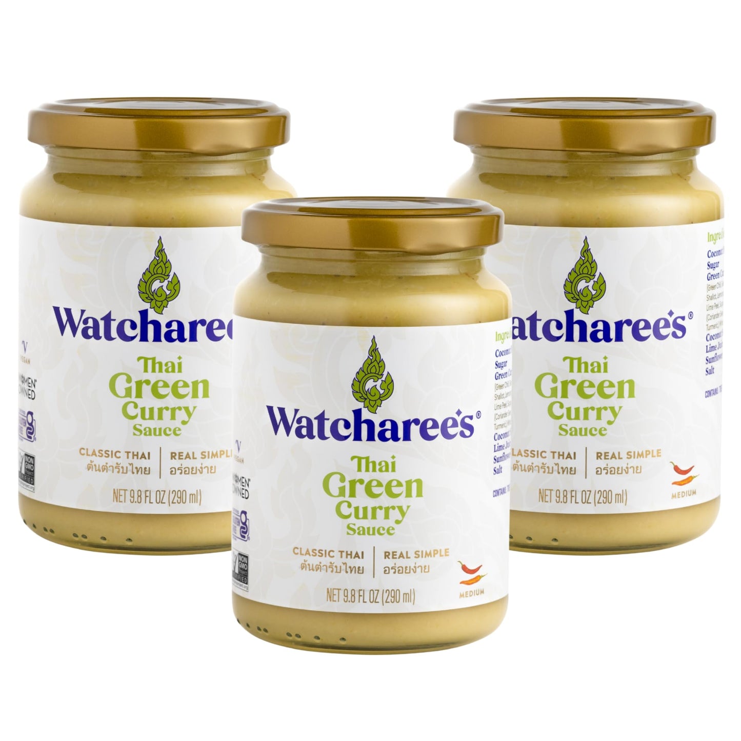 Watcharee's Thai Curry Simmer Sauces - Green Curry | Authentic Thai Recipe, Vegan, Non-GMO, Gluten-Free - 3 Pack (9.8 fl oz Each)