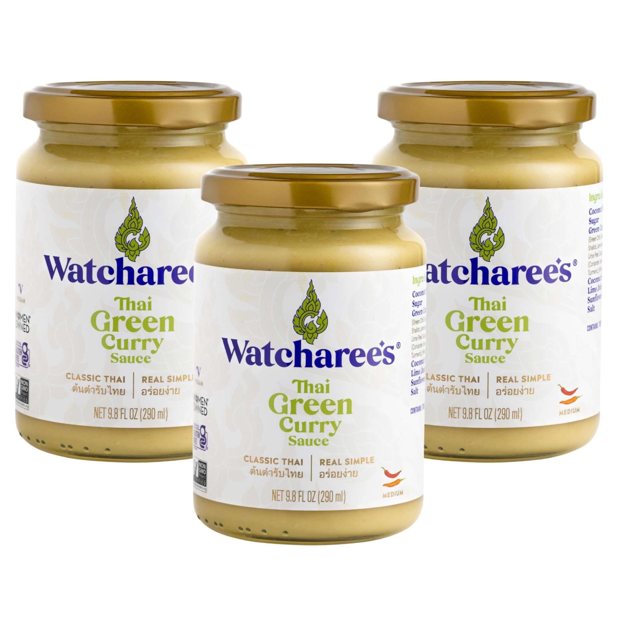 Watcharee's Thai Curry Simmer Sauces - Green Curry | Authentic Thai Recipe, Vegan, Non-GMO, Gluten-Free - 3 Pack (9.8 fl oz Each)