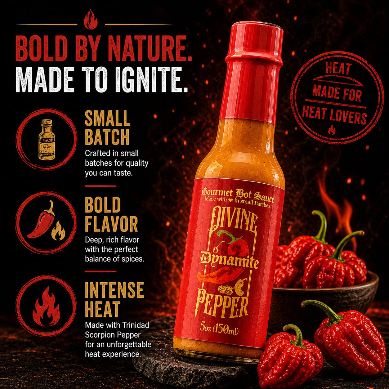 Divine Pepper Dynamite Hot Sauce - Trinidad Scorpion Pepper - Hot Heat - Small Batch Gourmet Sauce - Perfect for Wings, Meats, Tacos & Spicy Recipes