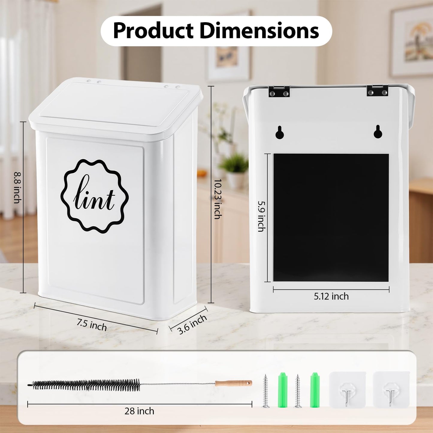 Sugoods Magnetic Lint Trash Can, Metal Wall Mounted Lint Bin with Lid for Dryer, Laundry Room Organization, Lint Basket with Extended Soft Brush