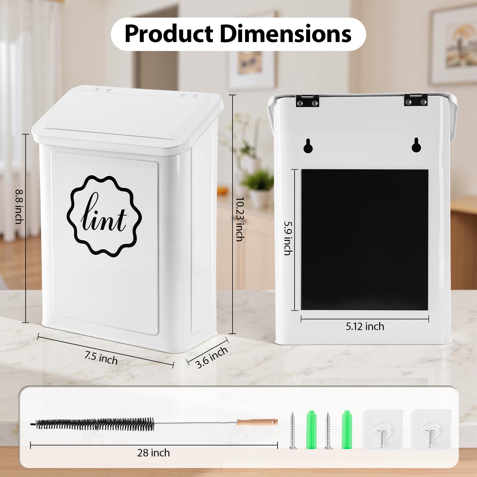 Sugoods Magnetic Lint Trash Can, Metal Wall Mounted Lint Bin with Lid for Dryer, Laundry Room Organization, Lint Basket with Extended Soft Brush