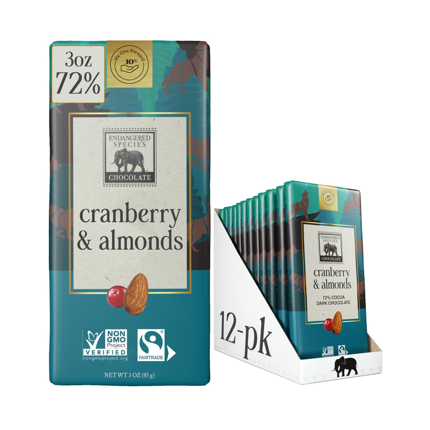 Endangered Species Dark Chocolate Bar w/Cranberries & Almonds (72% cocoa)