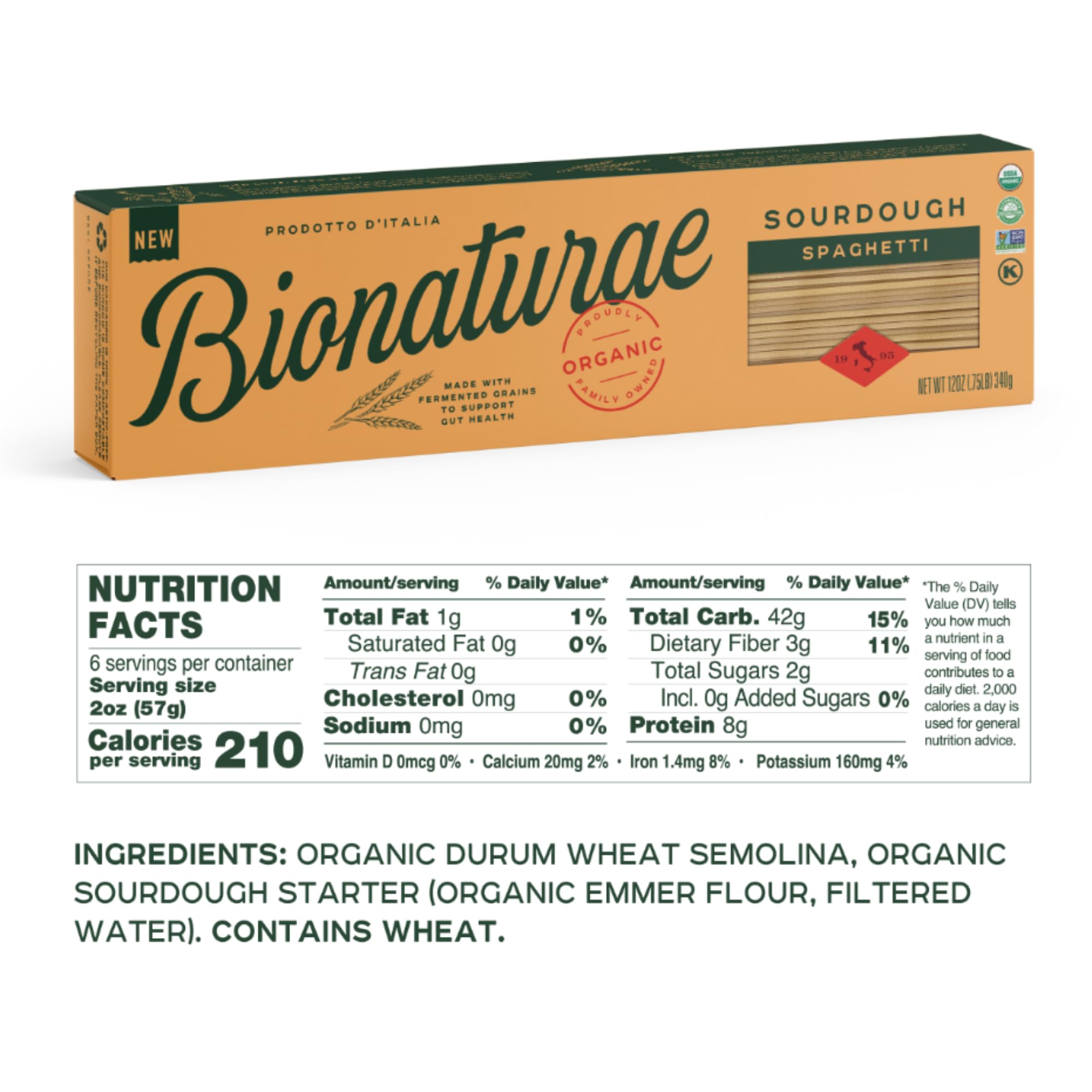Bionaturae Spaghetti Pasta Noodles - Sourdough Pasta, Kosher Certified, High Protein, Non-GMO Verified, USDA Certified, Spaghetti Pasta Organic