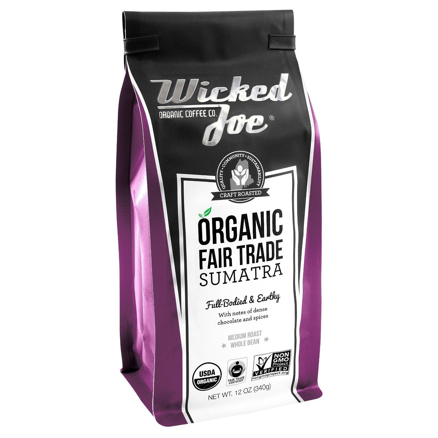 Wicked Joe Coffee Whole Bean Sumatra, Medium Roast, 12-Ounce Bag (Pack of 6)