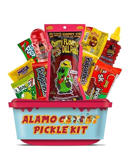 Alamo Chamoy Pickle Kit, Mexican Candy Mix make the Famous TikTok Trend, (13 Pieces) Includes Original Alamo Dill Pickle, Baby Lucas, Lucas Gusano