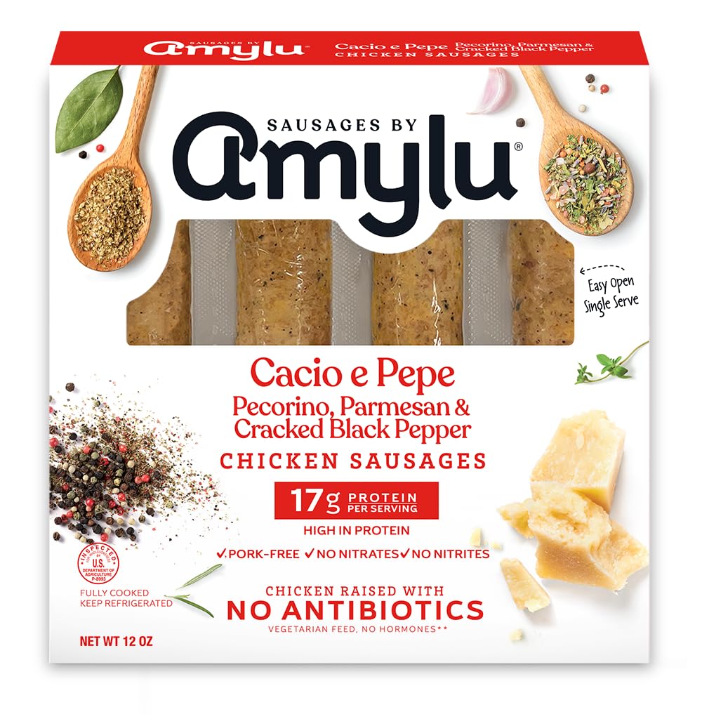 Amylu Foods Cacio e Pepe Chicken Sausage, Natural Ingredients, 17g of Protein, GAP Certified Chicken Raised with No Antibiotics, Fully Cooked