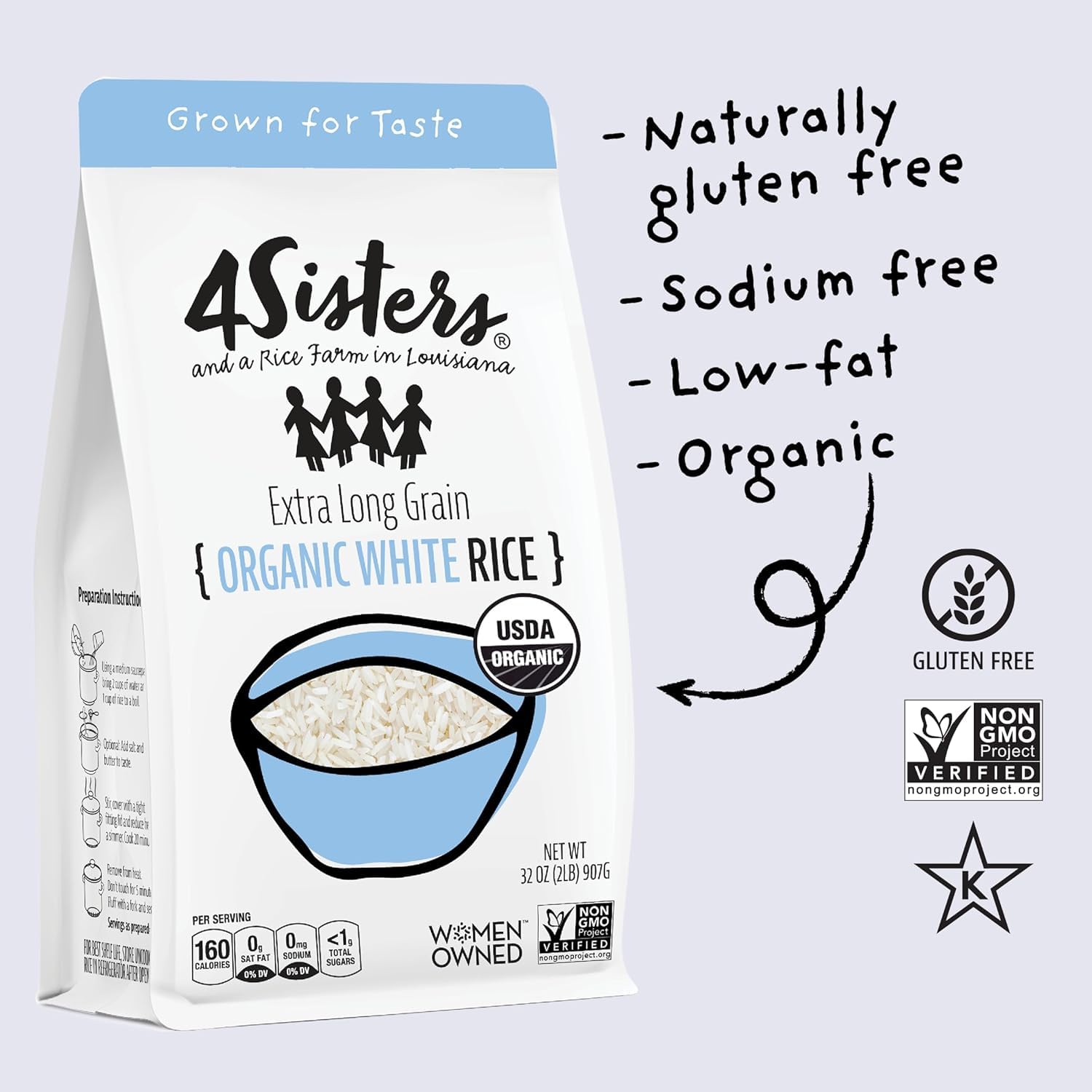 4Sisters - Organic Long Grain White Rice - Grown in USA - Sustainably Grown - Women Owned - Farm to Table (2 lb)