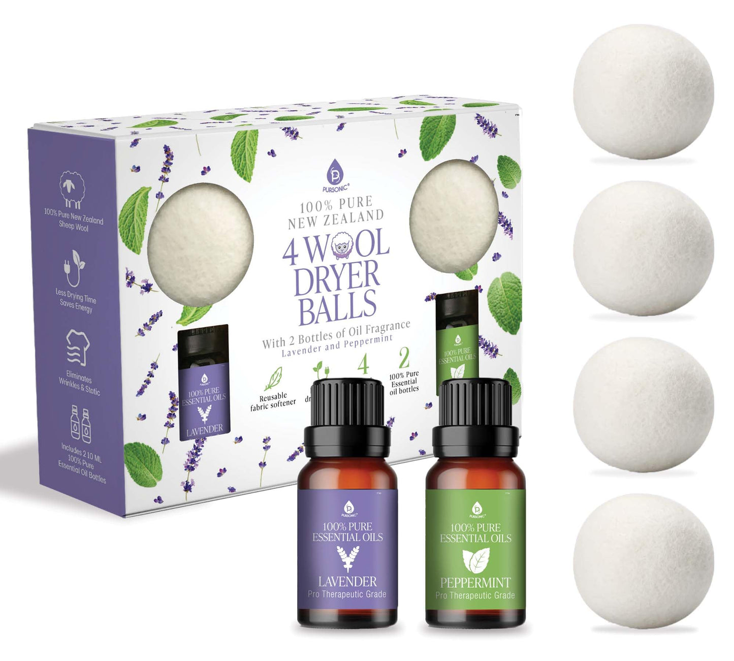 Pursonic 4-Pack Laundry Wool Dryer Balls with Lavender & Peppermint Essential Oil Scent - Reusable Fabric Softener Balls Made from Pure New Zealand