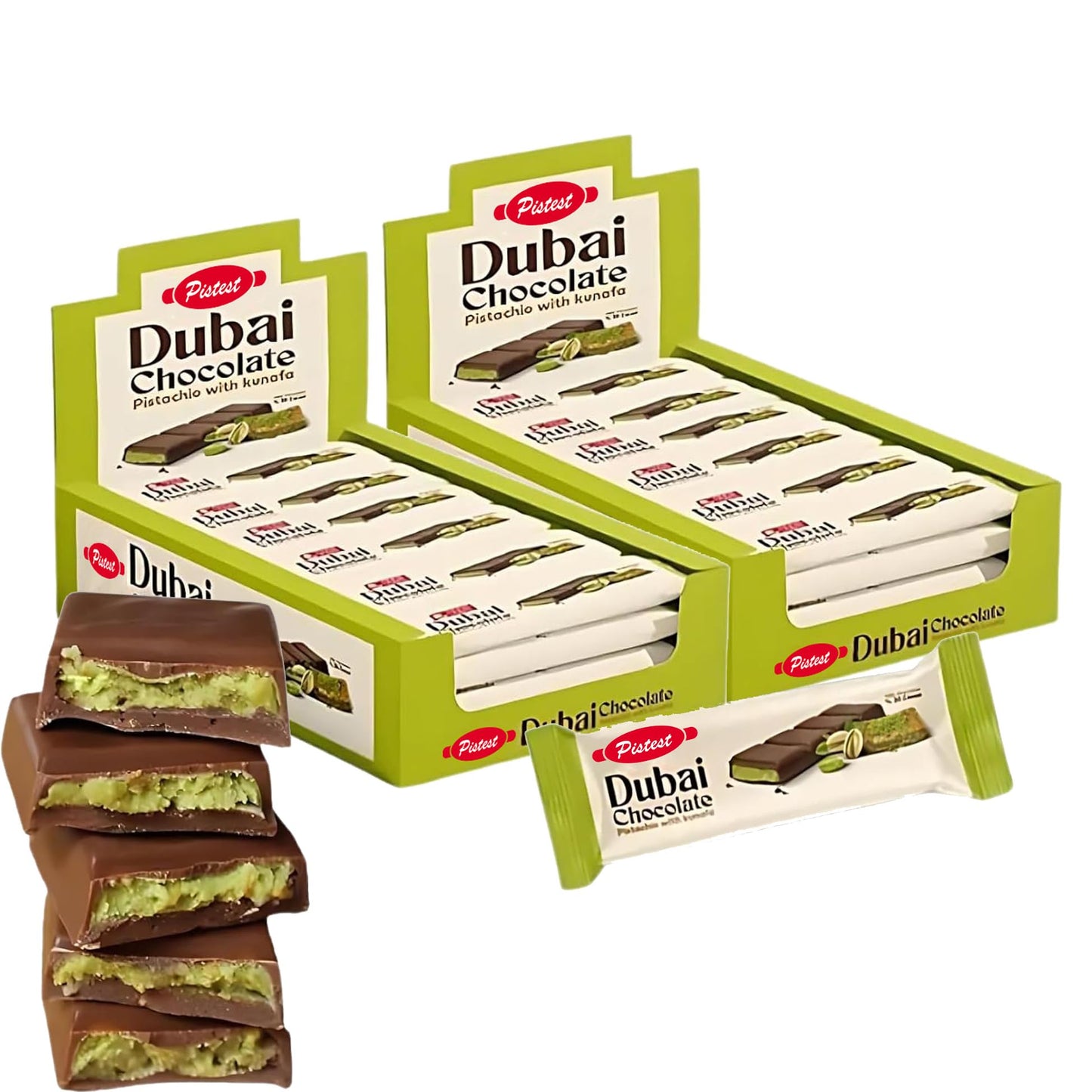Dubai Kunafa Pistachio Chocolate Bars - Pack of 48 (27g Each) - Dubai Chocolate with Shredded Phyllo Dough - Freshly Made, 2.86 lbs - Ideal Gift