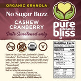 Pure Bliss Organics NO SUGAR BUZZ CASHEW CRANBERRY GRANOLA, Certified Organic and Gluten Free, Vegan, Non GMO, Low Glycemic, Low Sugar Alternative