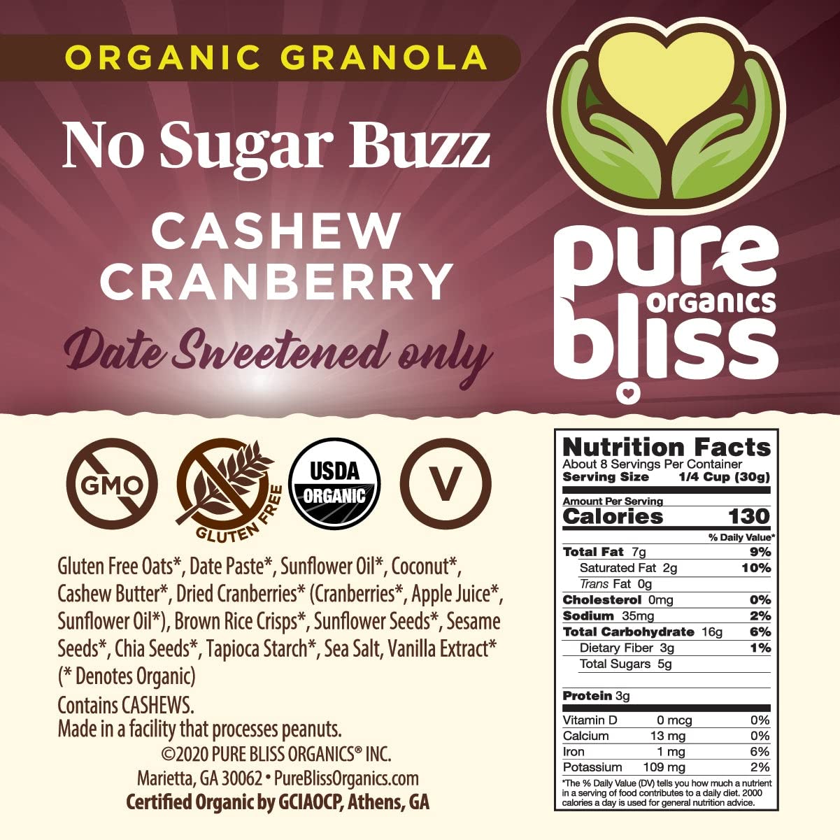 Pure Bliss Organics NO SUGAR BUZZ CASHEW CRANBERRY GRANOLA, Certified Organic and Gluten Free, Vegan, Non GMO, Low Glycemic, Low Sugar Alternative
