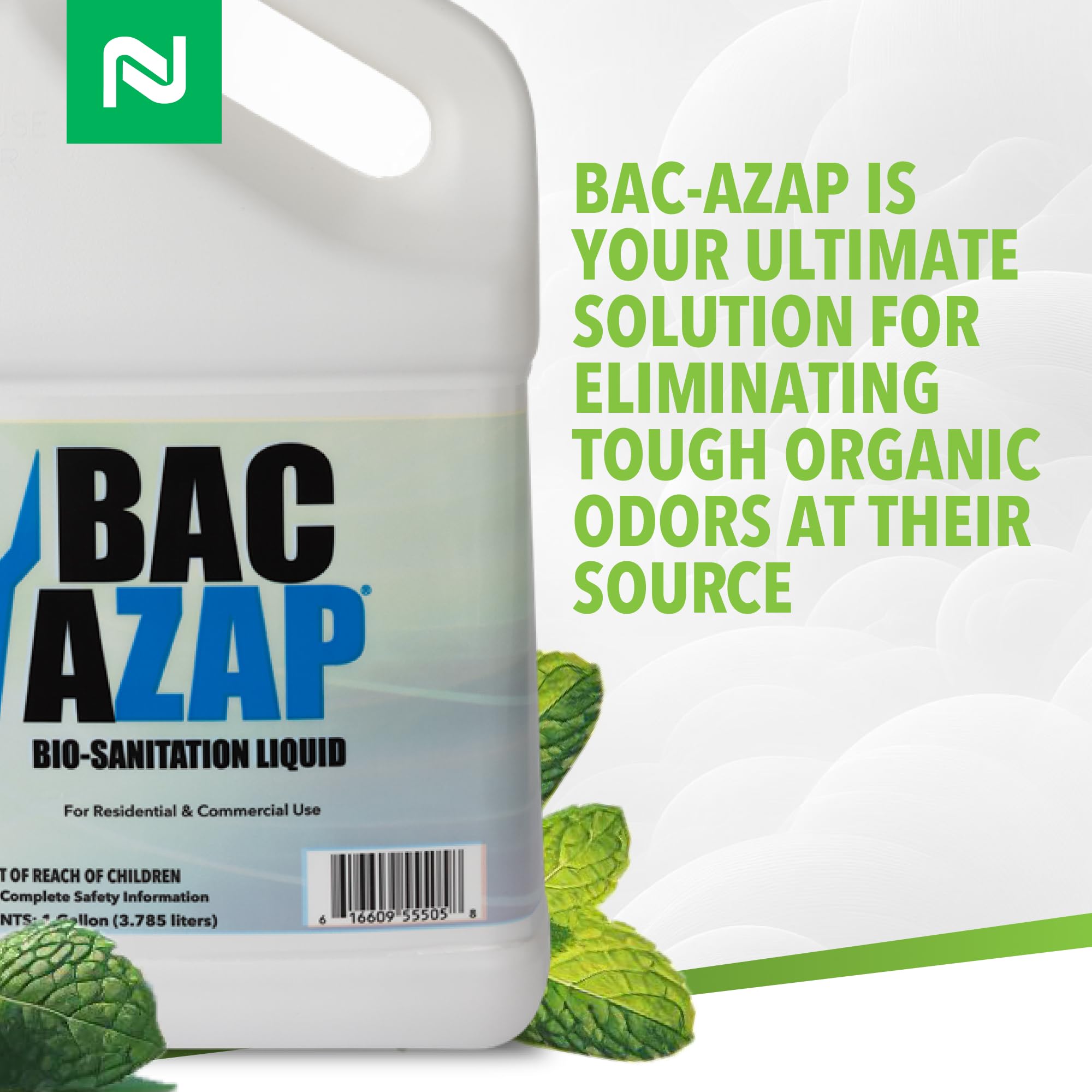 Nisus Bac-Azap Odor Eliminator, Ready-to-Use Bio-Sanitization Liquid, Neutralizes Organic Waste Odors, Safe for Plumbing, 1 Gallon