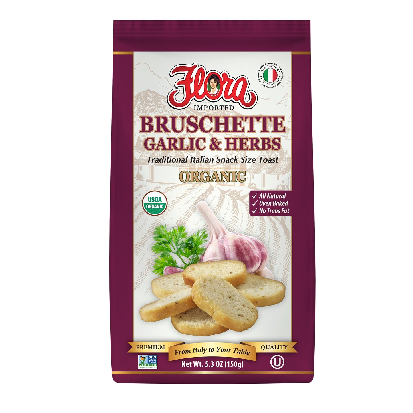 Flora Foods Organic Bruschette Mini Toasts (Garlic & Herbs) - Imported from Italy - Bread for Bruschetta
