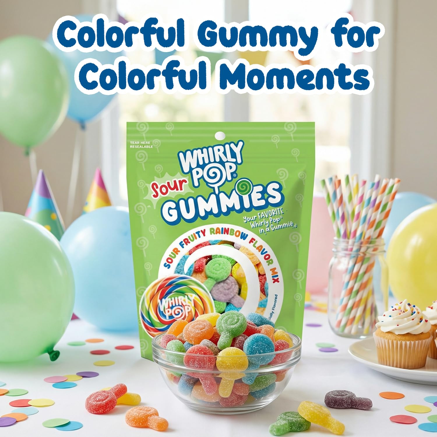 Whirly Pop Sour Gummies Candy - 7.5oz Resealable Bag (Pack of 1) - Lollipop Shape Rainbow Sour Gummy Candy with Mixed Fruit Flavors - Ideal Snack