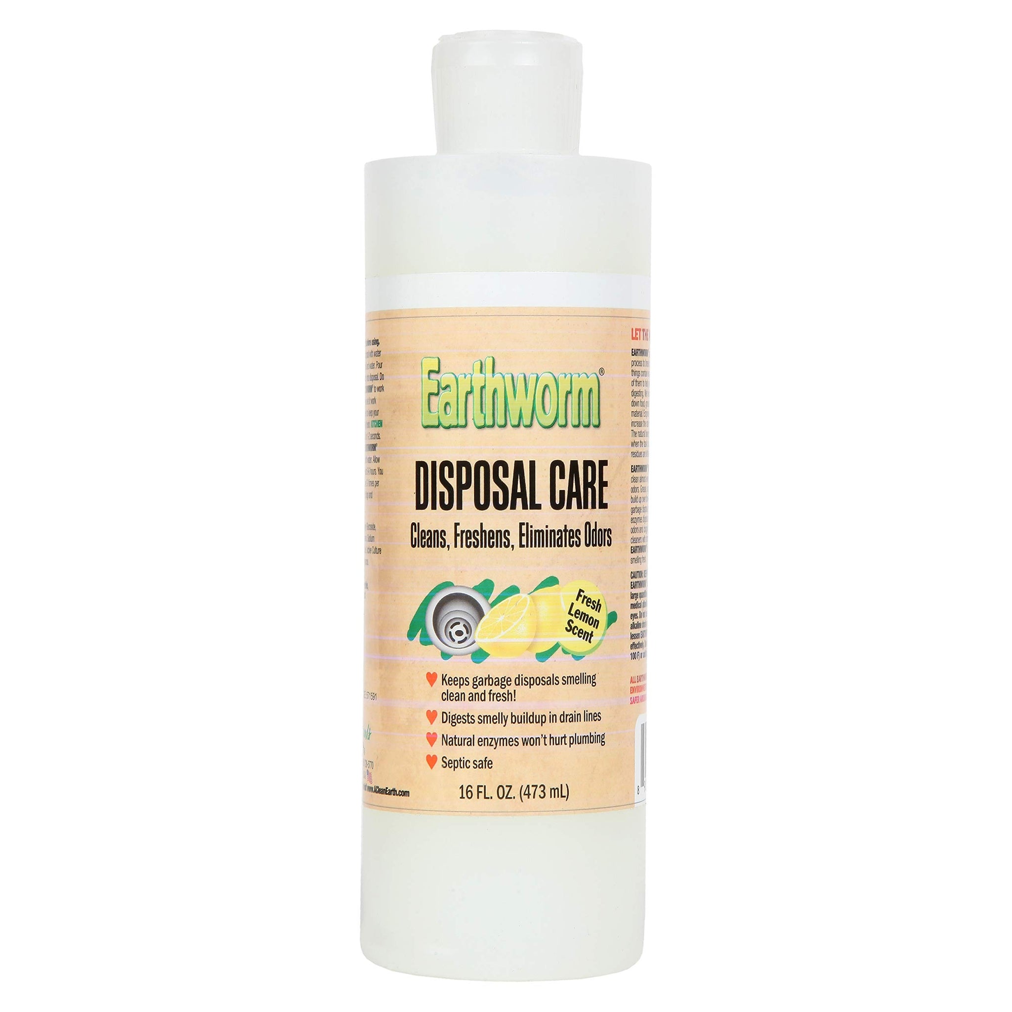 Earthworm Garbage Disposal Cleaner and Odor Eliminator/Disposal Care Removes Buildup, Cleans, and Freshens your Kitchen Sink - 16 Oz, Fresh Lemon