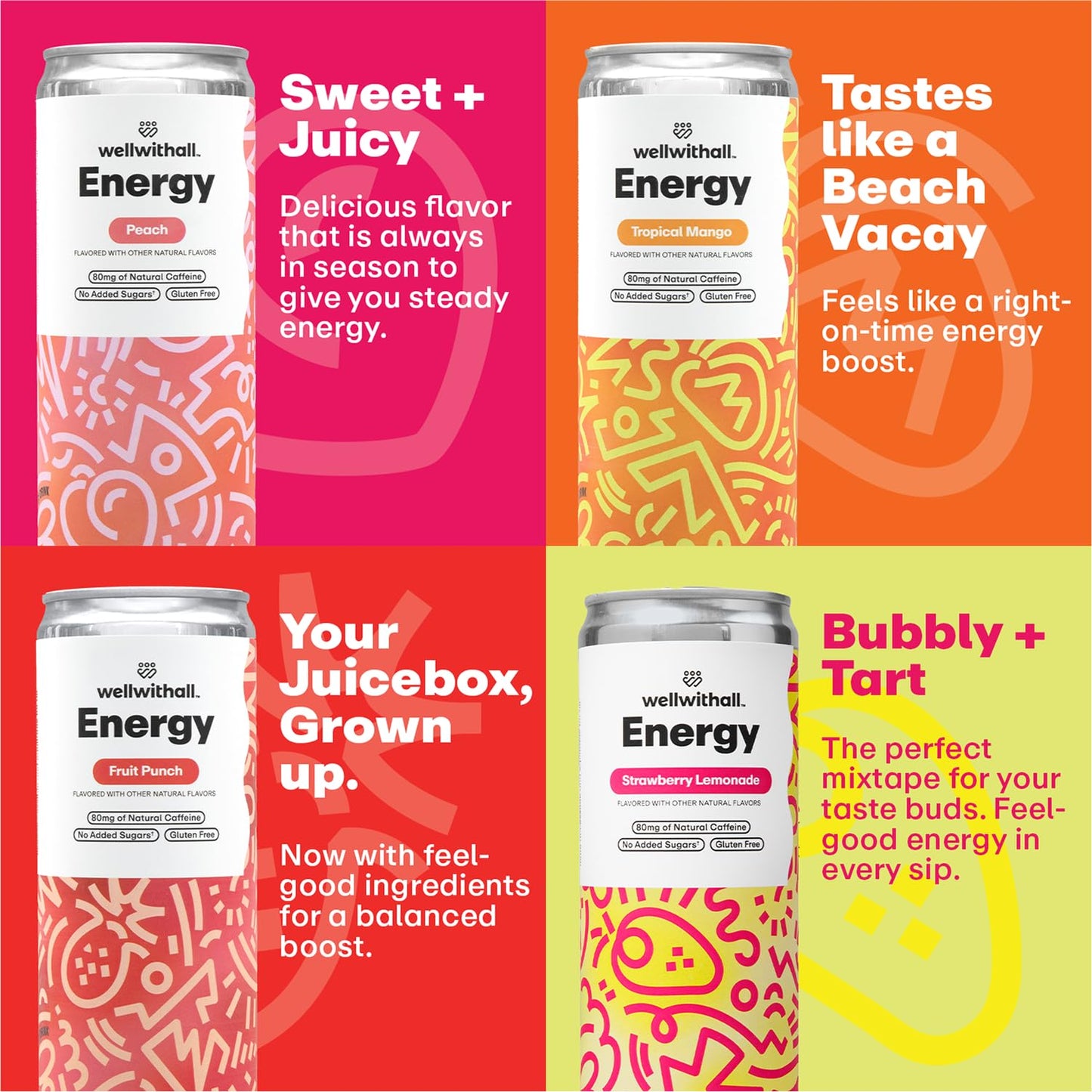 WellWithAll Energy Drink Variety Pack, Strawberry Lemonade, Fruit Punch, Tropical Mango, Peach Flavors, Caffeine from Tea, With Vitamin C, Lightly