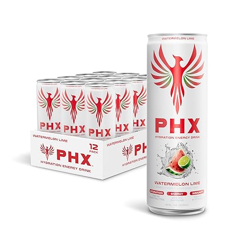 PHX Hydration Energy Drink - 700mg Electrolytes, 200mg Natural Green Tea Caffeine, 100% Daily Value 8 Essential Vitamins - 12 oz Cans (12 Pack) (12
