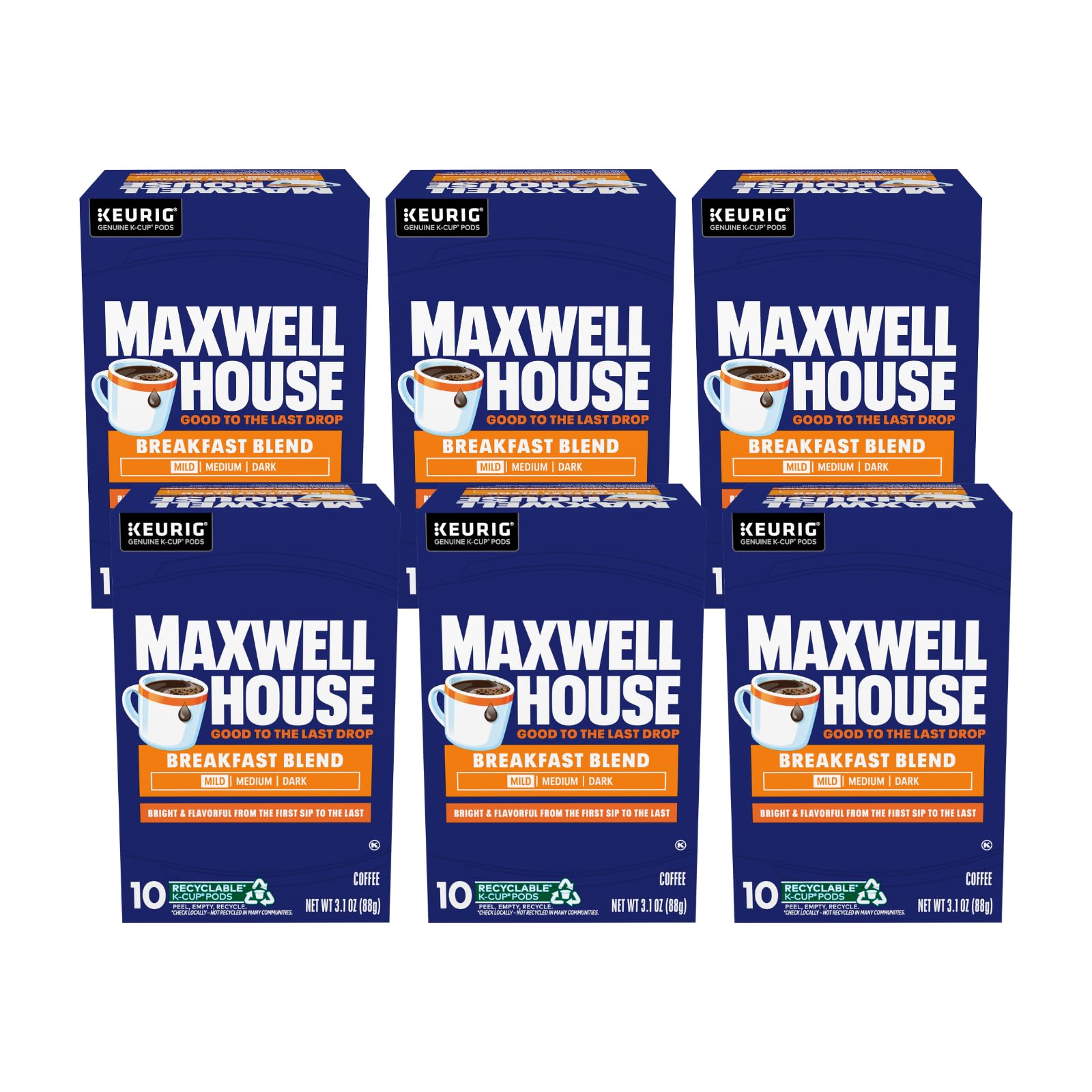Maxwell House Breakfast Blend Mild Roast K-Cup Coffee Pods, 10 CT (Pack of 6)