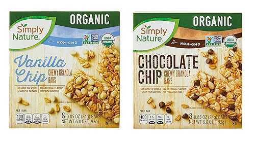 Simply Nature Organic Chewy Granola Bars - 2 Boxes (Chocolate Chip & Vanilla Chip) Set of 10
