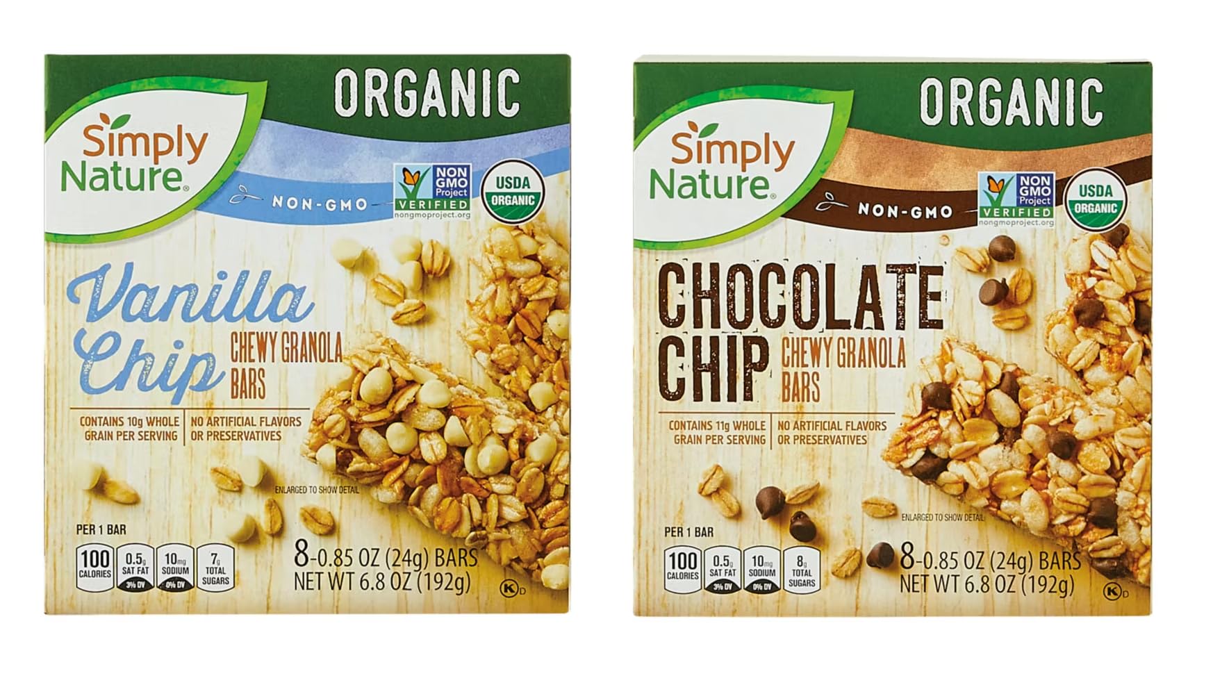 Simply Nature Organic Chewy Granola Bars - 2 Boxes (Chocolate Chip & Vanilla Chip) Set of 10