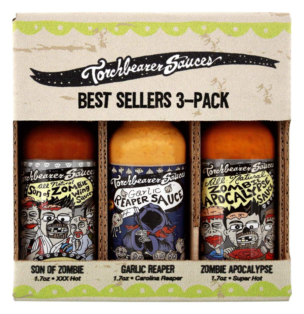 Torchbearer Sauces Best-Sellers Mini Hot Sauce Gift Set, 1.7oz 3 Pack - Zombie Apocalypse, Garlic Reaper, Son of Zombie - Featured on Hot Ones - All