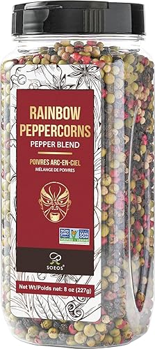 Soeos Rainbow Peppercorns, 8oz (Pack of 1), Non-GMO, Kosher, Packed to Keep Peppers Fresh, Peppercorn for Grinder Refill, Whole Peppercorns