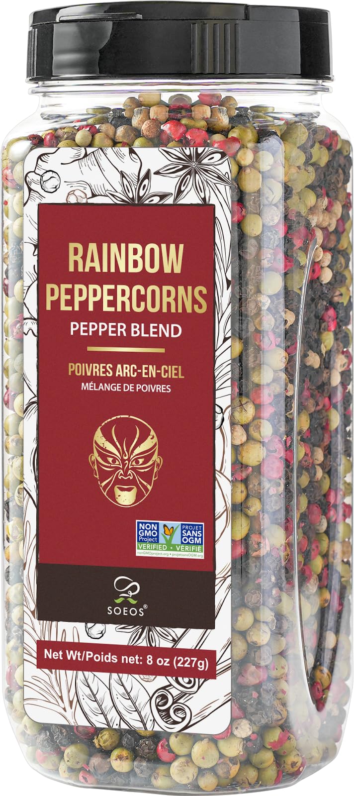Soeos Rainbow Peppercorns, 8oz (Pack of 1), Non-GMO, Kosher, Packed to Keep Peppers Fresh, Peppercorn for Grinder Refill, Whole Peppercorns