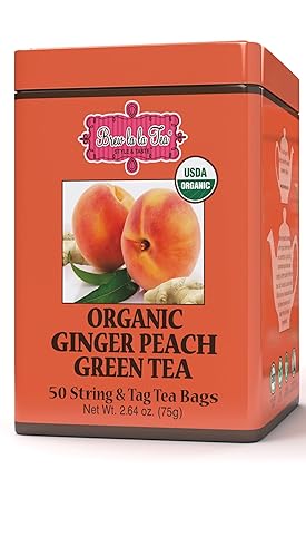 Brew La La Organic Green Tea - Natural Ginger Peach Flavor - 50 Double Chambered Tea Bags - Low Caffeine - USDA Certified Organic - NonGMO - Gluten