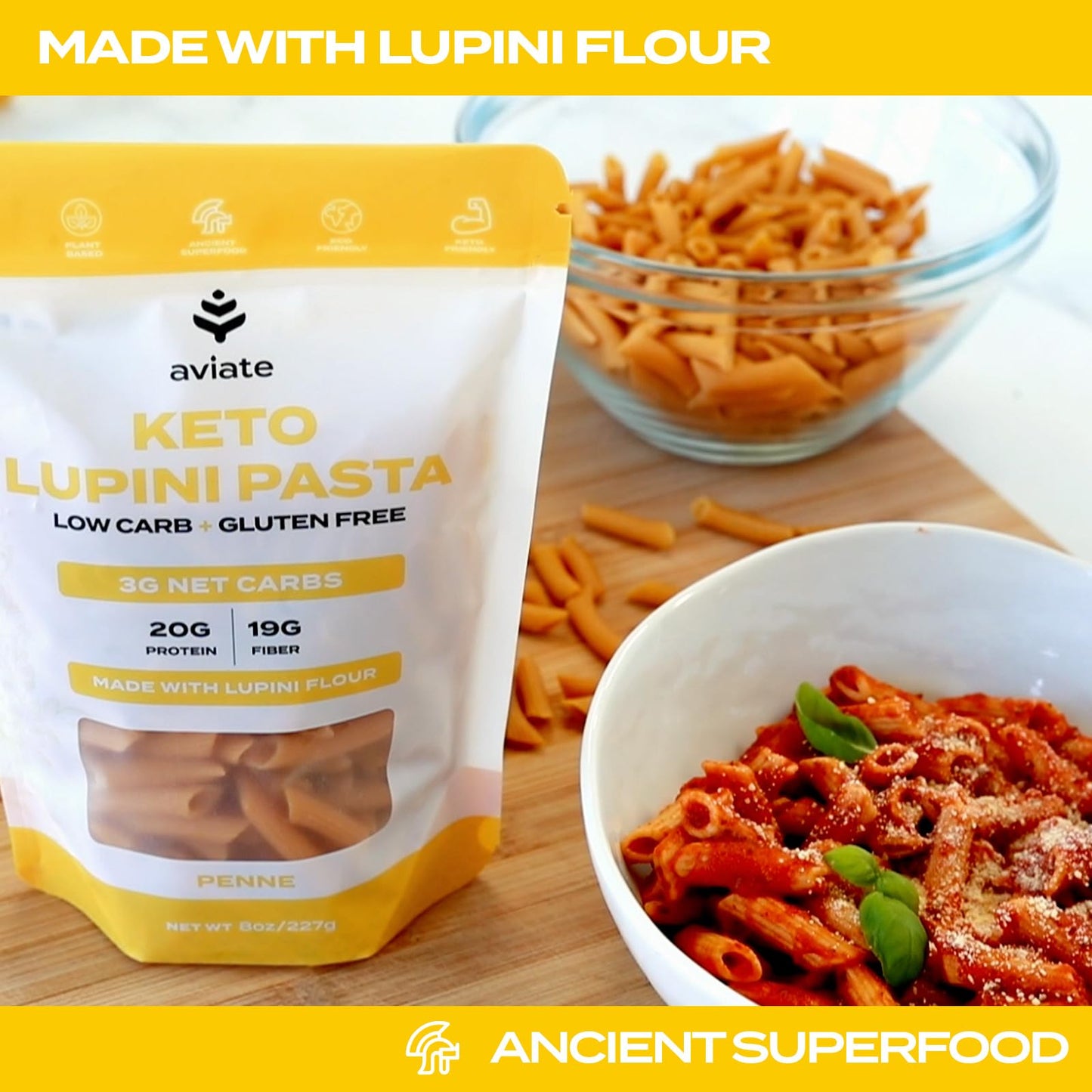 Aviate Keto Pasta Penne - Low Carb (3g Net) Lupini Penne Pasta - High Protein (20g) - Gluten-Free - Made with Lupin Flour [Plant Based Vegan]