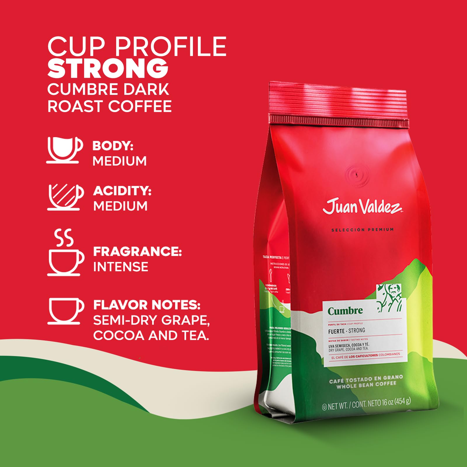Juan Valdez Cumbre Whole Bean Coffee, Dark Roast 16 OZ - 100% Colombian Coffee - Expert Blend of Colombian Coffees with intense flavors and dry fruit