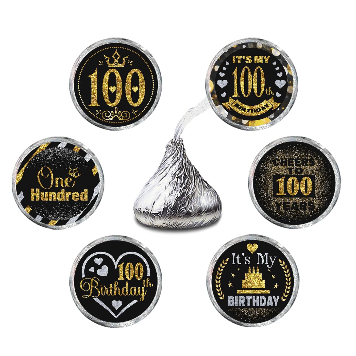 100 Years Old Round Candy Sticker - 100th Birthday Party Decor-Black Gold - Round Candy Sticker Party Favors - Labels Fit Chocolate Candy.5 Sheet