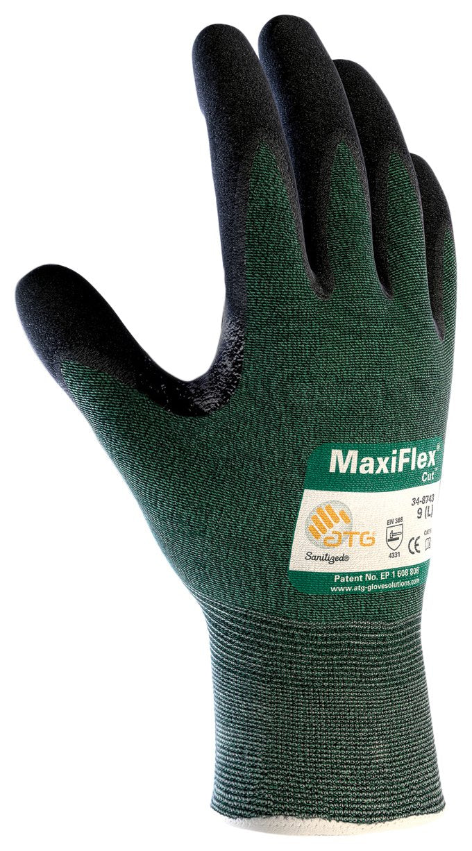 ATG 34-8743/XS Maxiflex Cut, Green Eng Yarn Shell, Black Nitrile Microfoam Grip, A2 Green