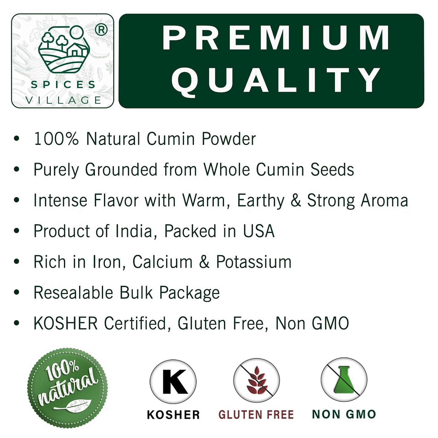 SPICES VILLAGE Cumin Powder (8 oz) - Purely Ground from Whole Cumin Seeds, Kosher Certified, Gluten Free, Non GMO, Resealable Bulk Bag