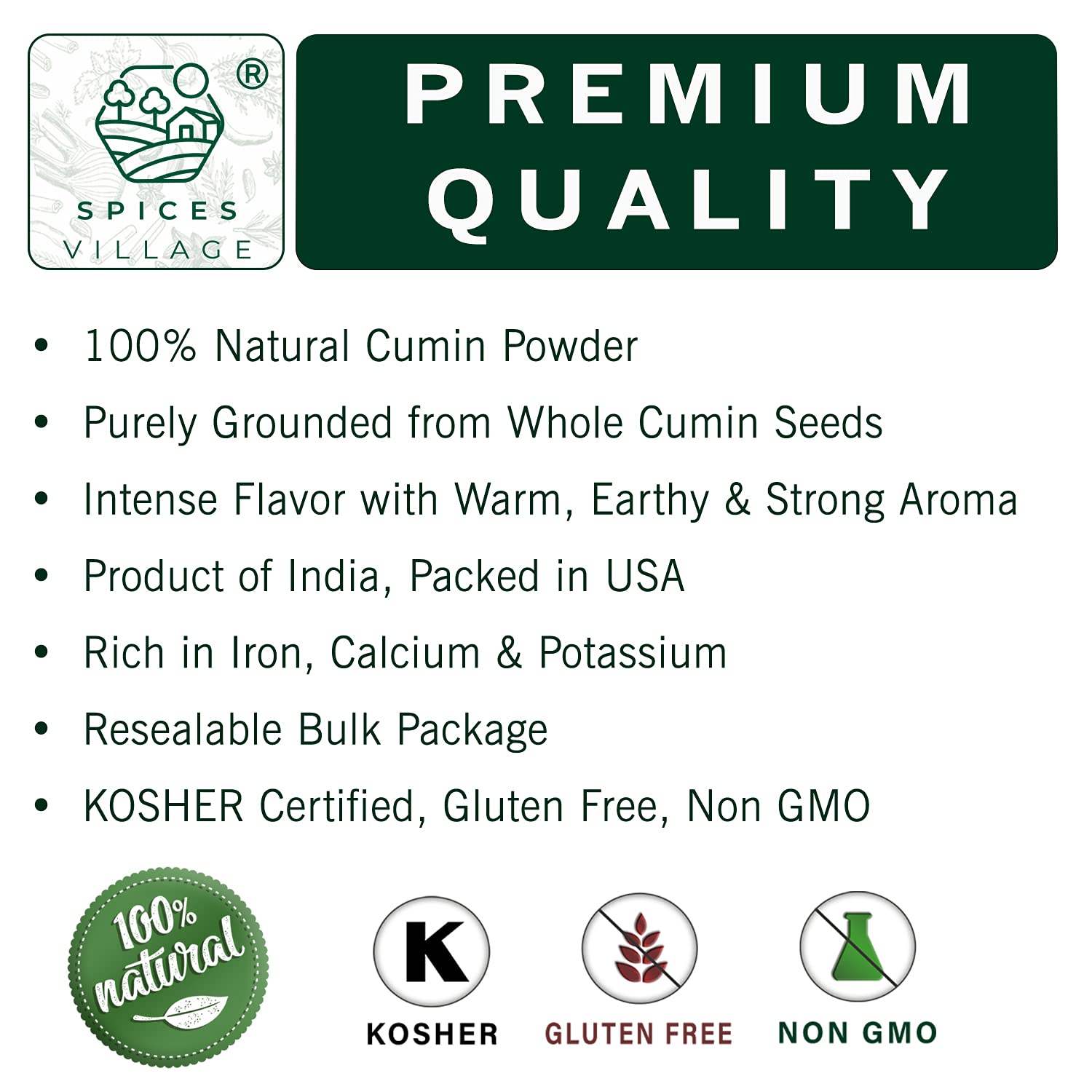 SPICES VILLAGE Cumin Powder (8 oz) - Purely Ground from Whole Cumin Seeds, Kosher Certified, Gluten Free, Non GMO, Resealable Bulk Bag